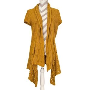 Pure Handknit Mustard Yellow Knit Open Short Sleeve Cardigan M/L‎